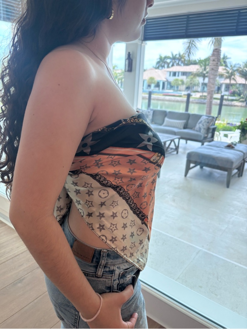 Silk Star-Print Tie-Back Bandana Top in Beige & Orange,black - Picture 5 of 12
